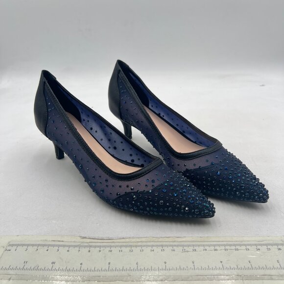 XYD Navy Pointed Toe Slip On Mesh Pumps Rhinestone Comfy Kitten Heels Shoe - Picture 4 of 8